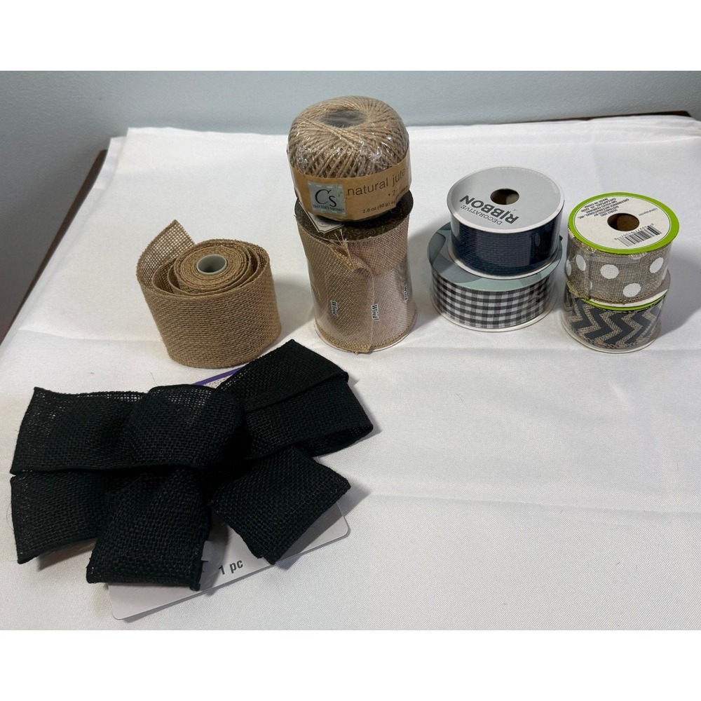 Lot of Assorted Jute Burlap Ribbon Brown Black Tweed Wired Twine Bow DIY Crafter